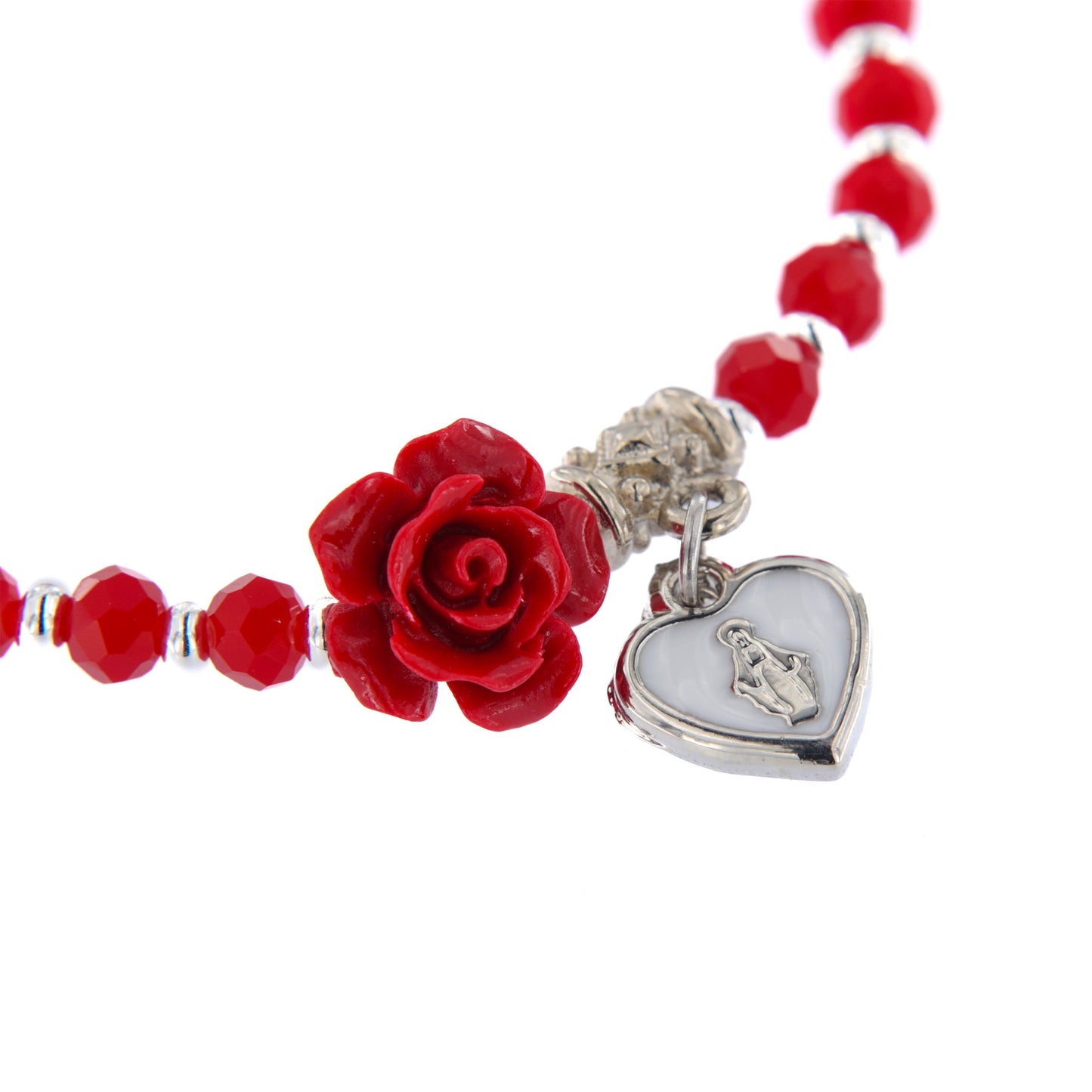 Bracciale devozionale rosso con rosa e cuore Medaglia Miracolosa