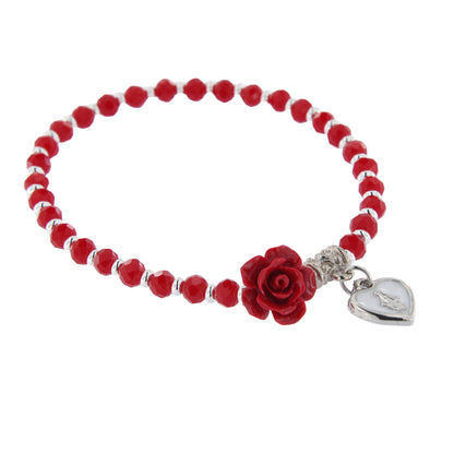 Bracciale devozionale rosso con rosa e cuore Medaglia Miracolosa