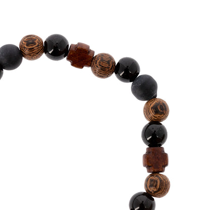Bracciale elastico San Charbel con grani in legno lavorato e croci