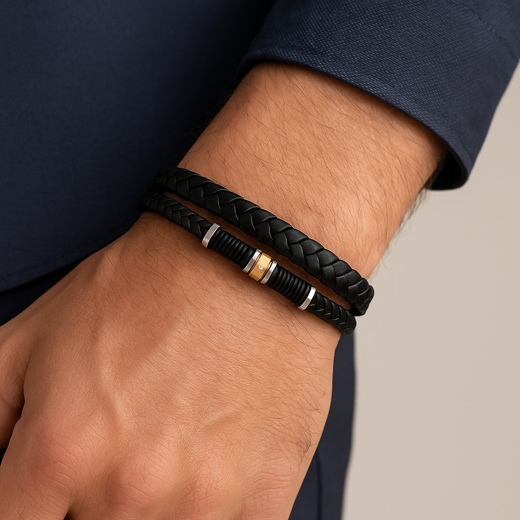 Bracciale uomo in pelle e acciaio con strass