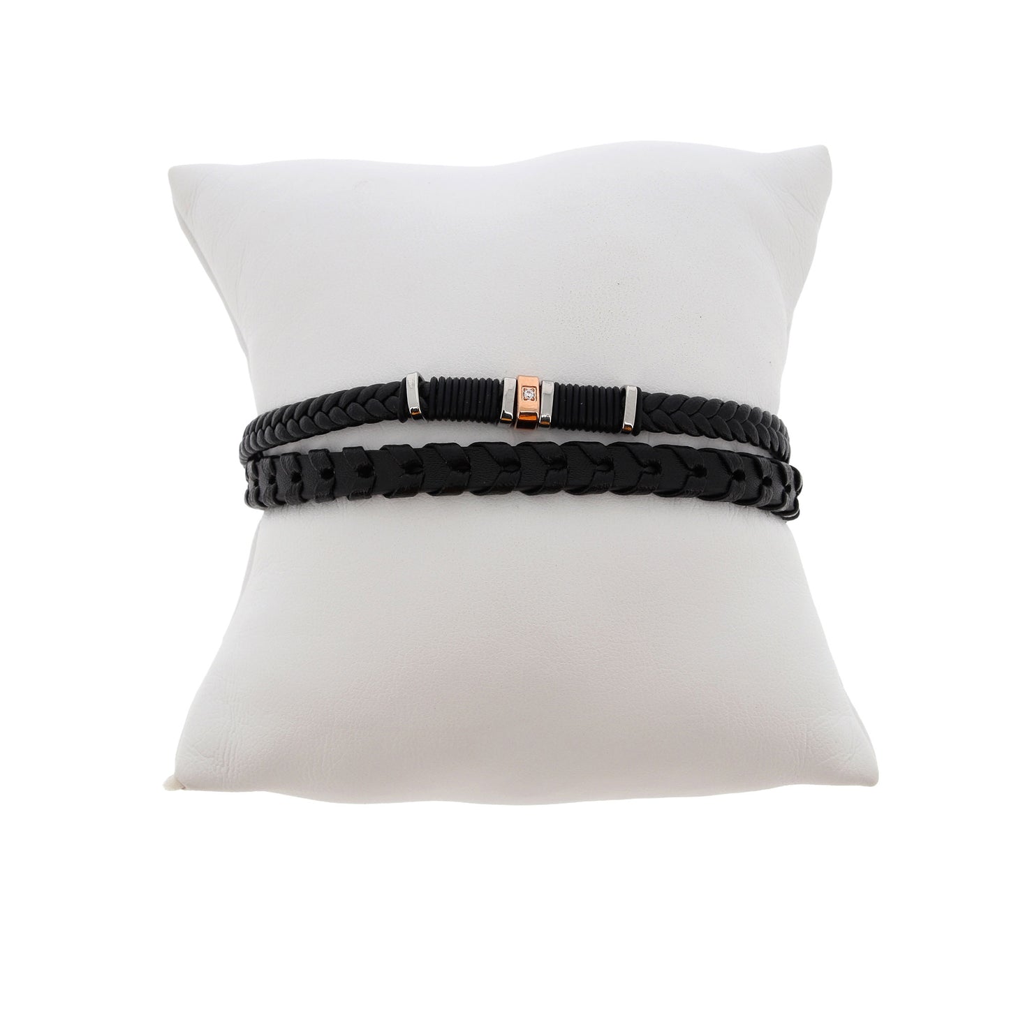 Bracciale uomo in pelle e acciaio con strass