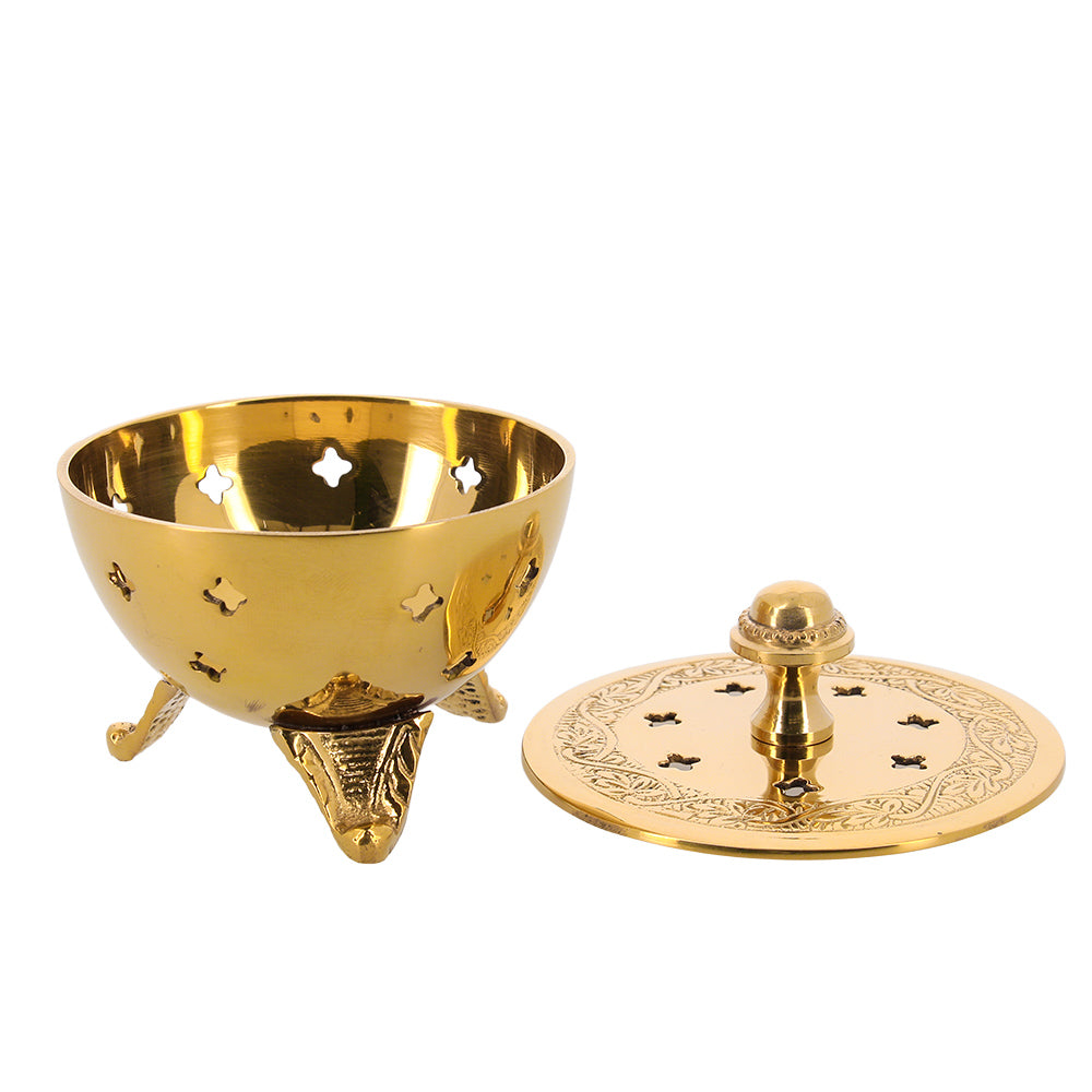 Brucia incenso liturgico a coppa con coperchio in ottone color oro – Uso devozionale – Altezza 7,5 cm
