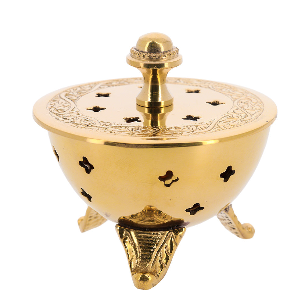Brucia incenso liturgico a coppa con coperchio in ottone color oro – Uso devozionale – Altezza 7,5 cm