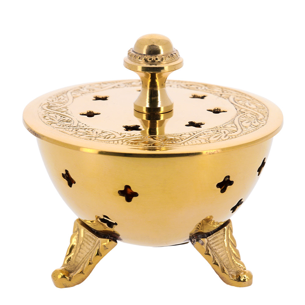 Brucia incenso liturgico a coppa con coperchio in ottone color oro – Uso devozionale – Altezza 7,5 cm
