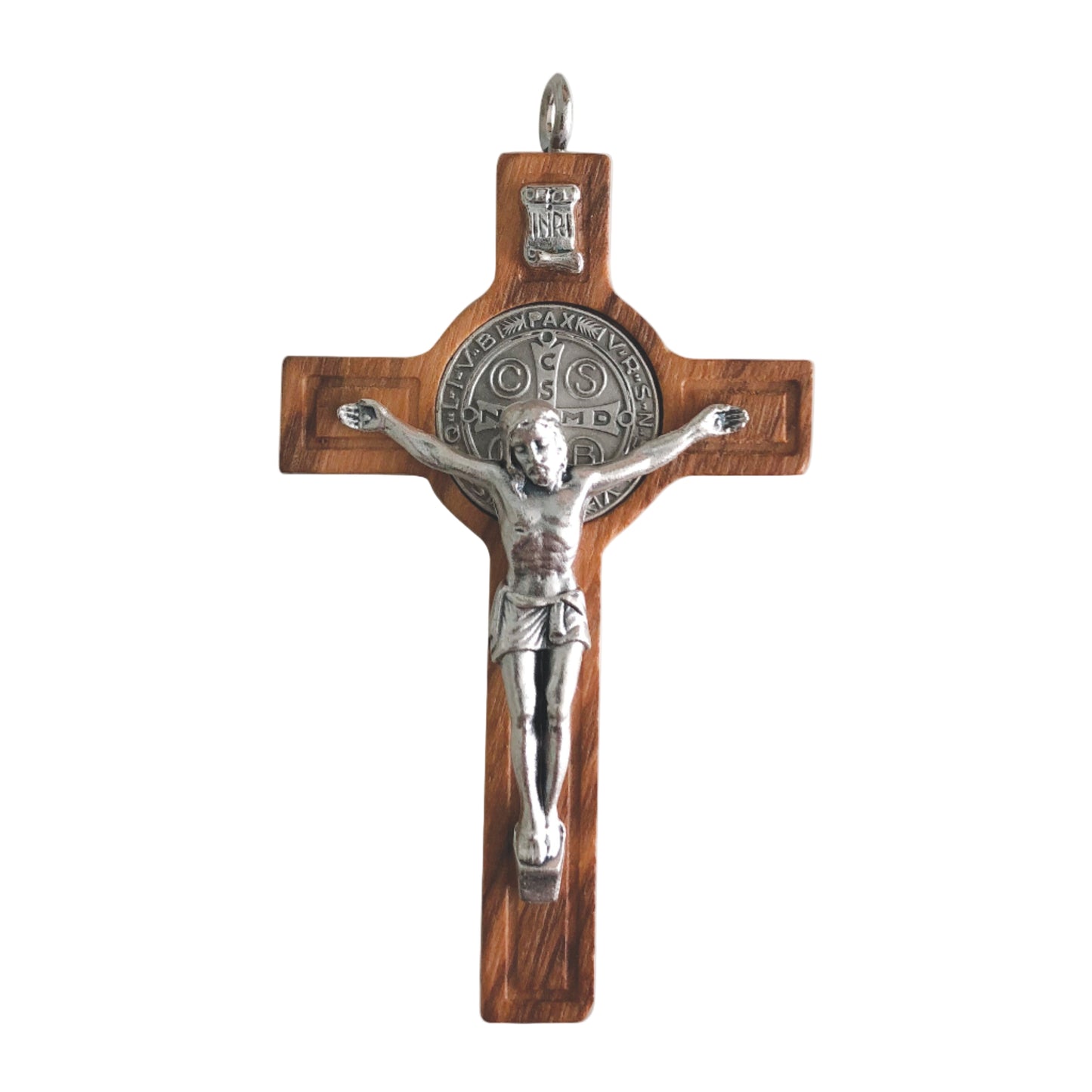 Ciondolo croce di San Benedetto in legno d'olivo 7,5 cm