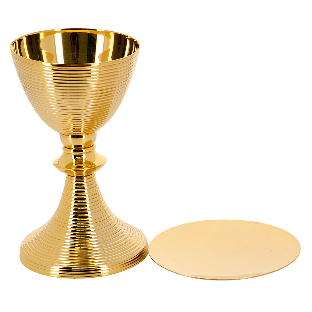 Calice con patena integrata in ottone dorato – Calice liturgico per la Messa – Altezza 21 cm