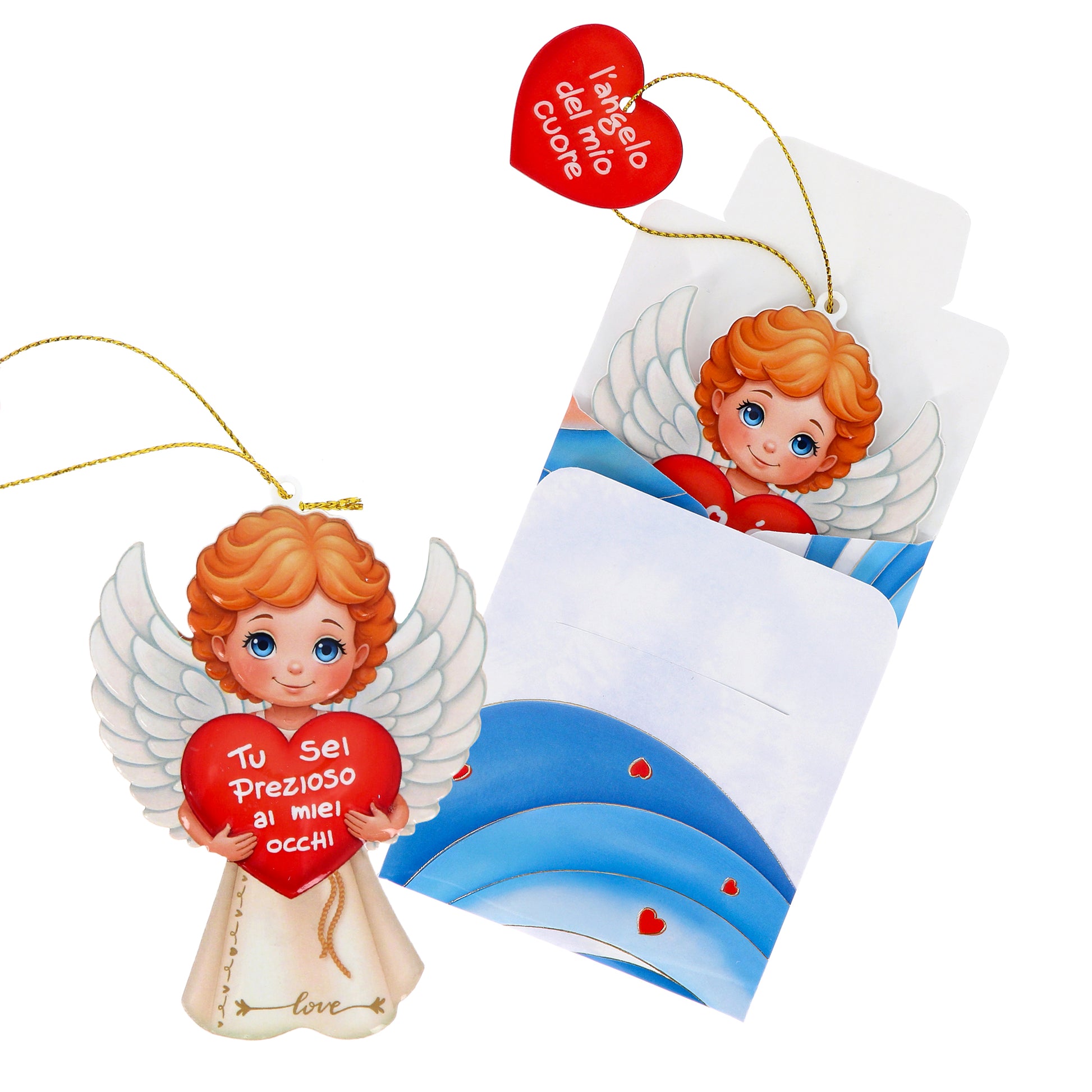 Magnete a forma di angelo con cordoncino e frasi assortite. Altezza 9,5 cm
