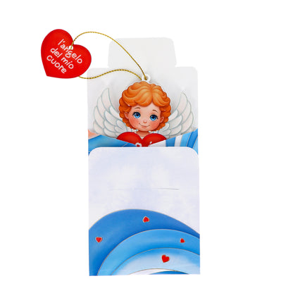 Magnete a forma di angelo con cordoncino e frasi assortite. Altezza 9,5 cm