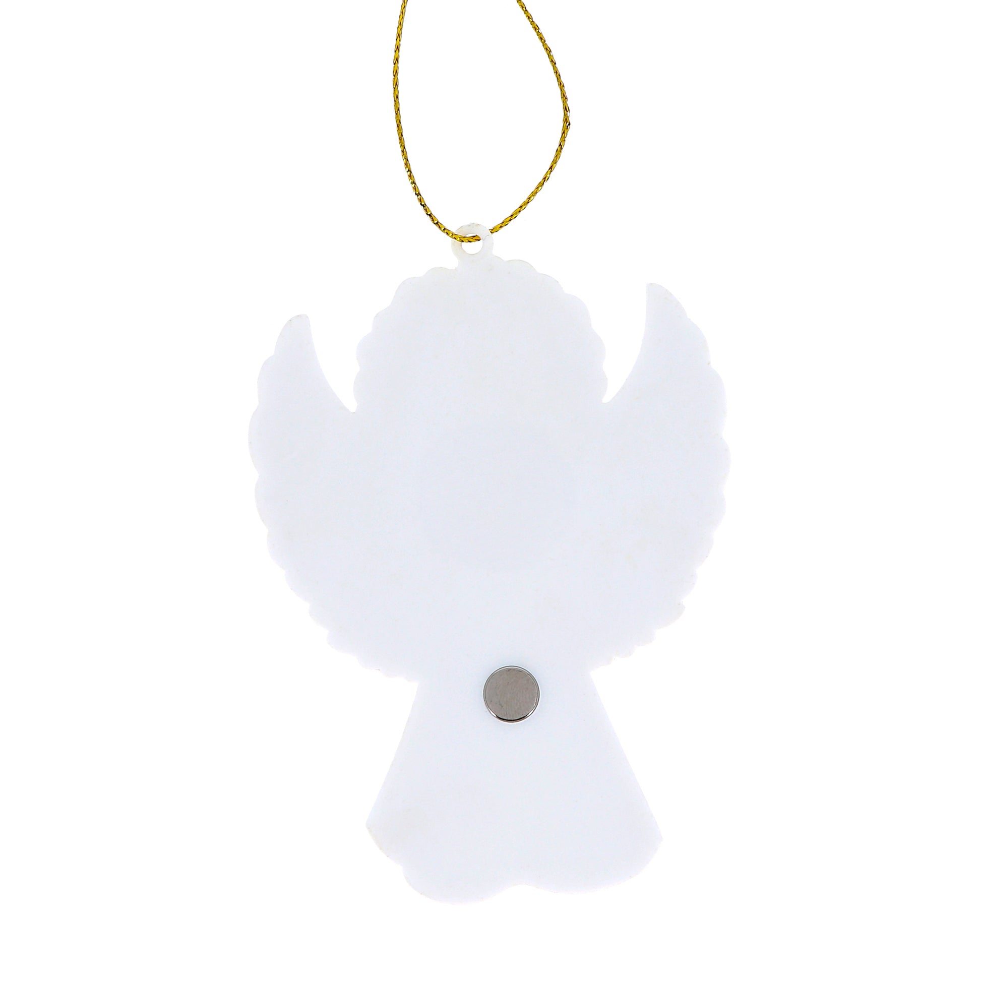 Magnete a forma di angelo con cordoncino e frasi assortite. Altezza 9,5 cm