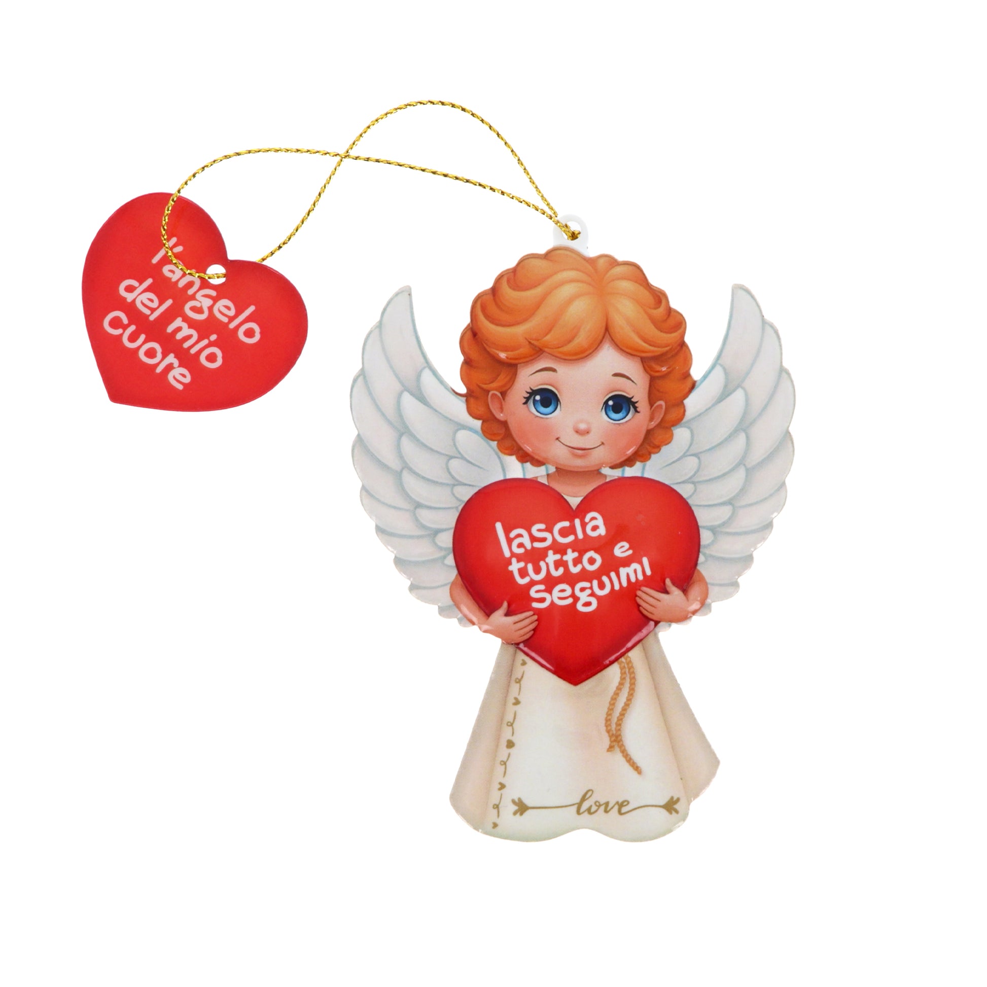 Magnete a forma di angelo con cordoncino e frasi assortite. Altezza 9,5 cm