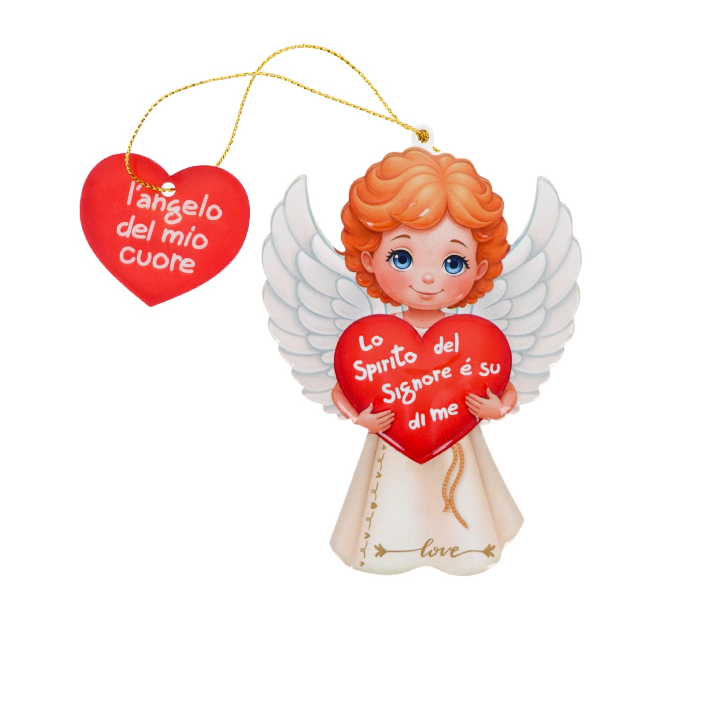 Magnete a forma di angelo con cordoncino e frasi assortite. Altezza 9,5 cm