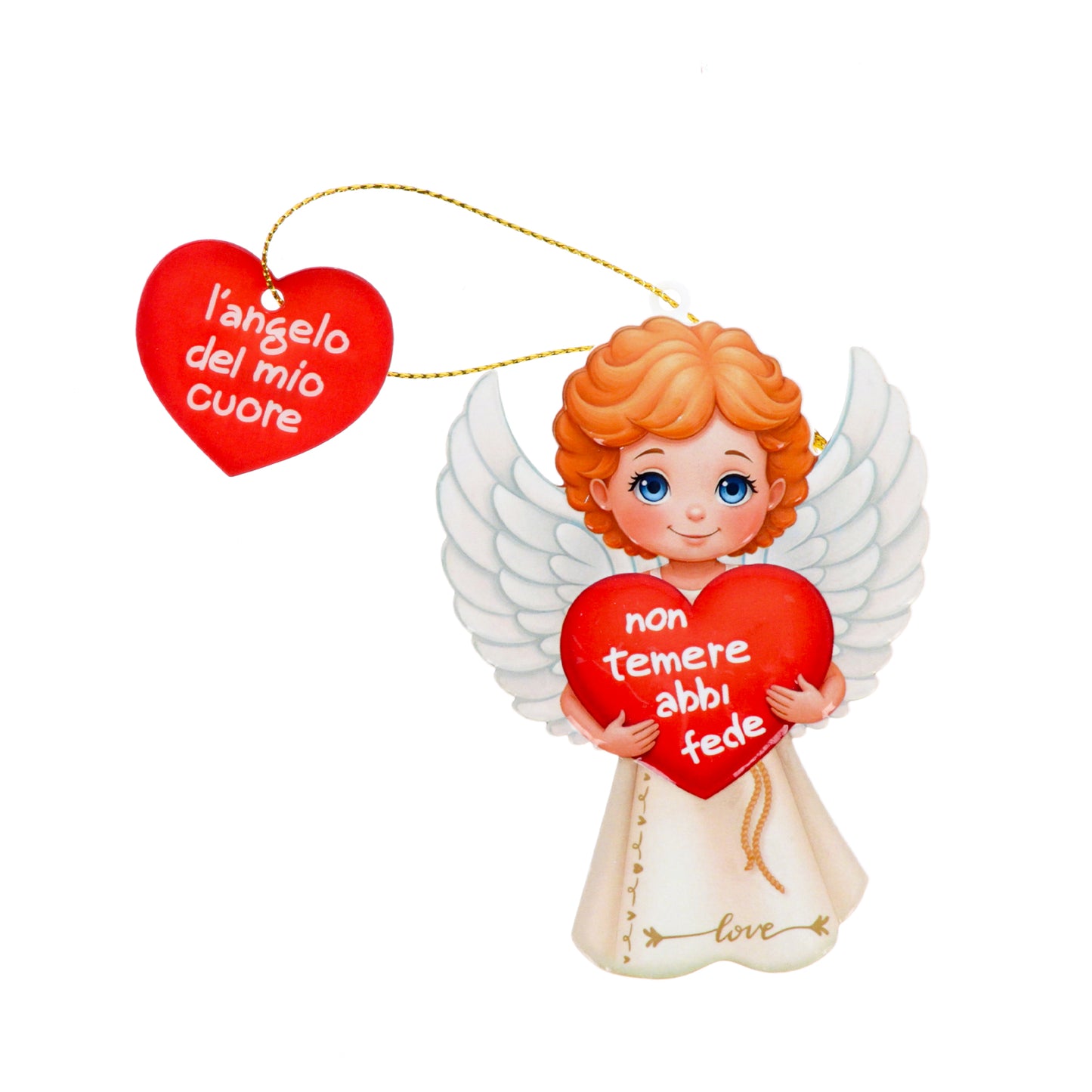 Magnete a forma di angelo con cordoncino e frasi assortite. Altezza 9,5 cm