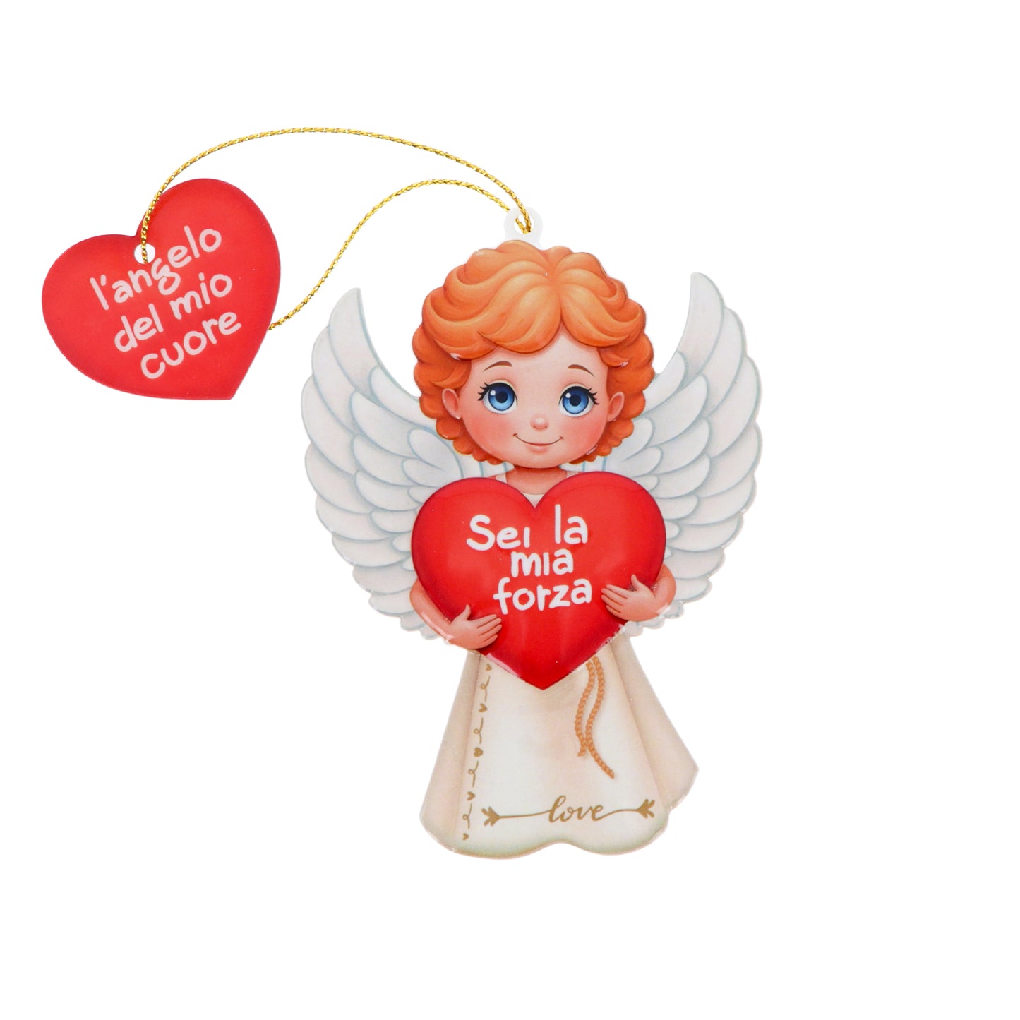 Magnete a forma di angelo con cordoncino e frasi assortite. Altezza 9,5 cm