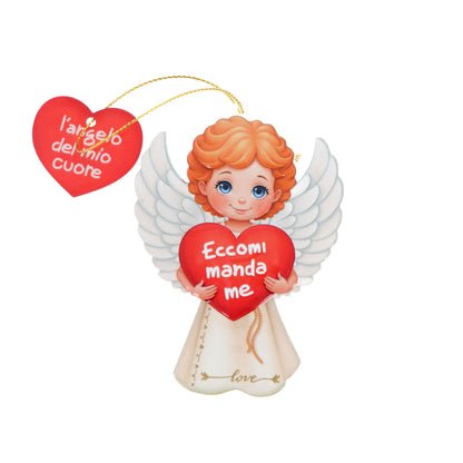 Magnete a forma di angelo con cordoncino e frasi assortite. Altezza 9,5 cm