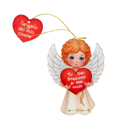 Magnete a forma di angelo con cordoncino e frasi assortite. Altezza 9,5 cm
