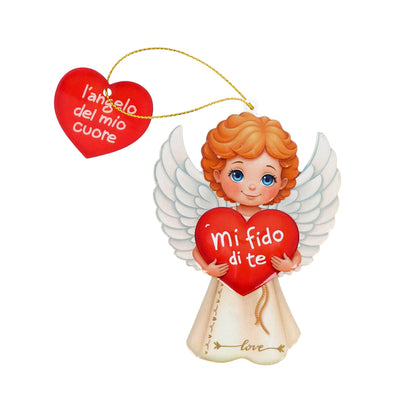 Magnete a forma di angelo con cordoncino e frasi assortite. Altezza 9,5 cm