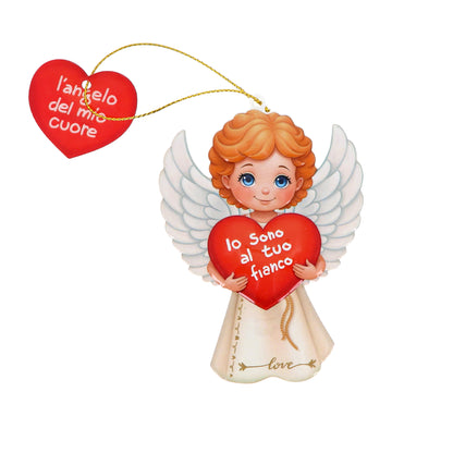 Magnete a forma di angelo con cordoncino e frasi assortite. Altezza 9,5 cm
