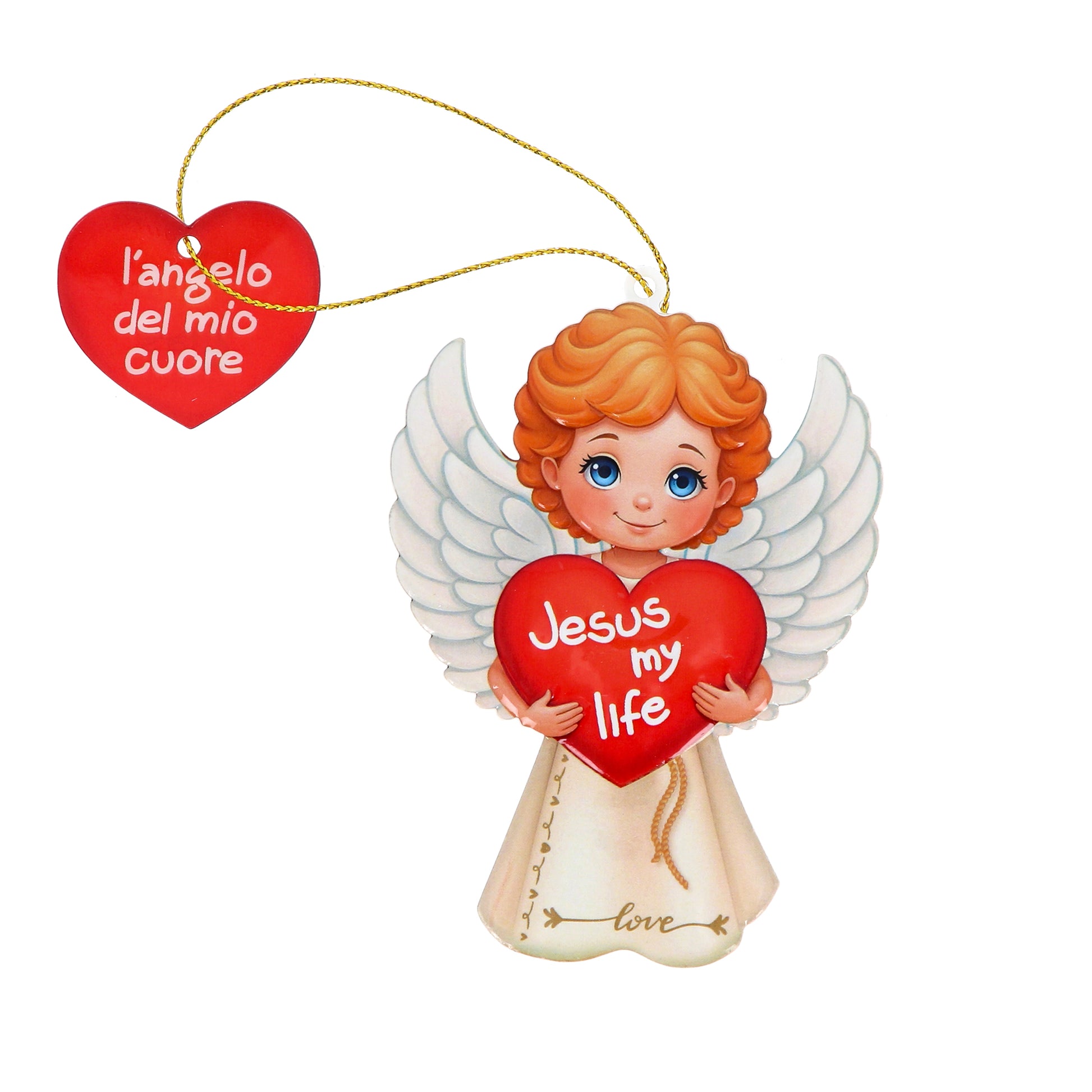 Magnete a forma di angelo con cordoncino e frasi assortite. Altezza 9,5 cm