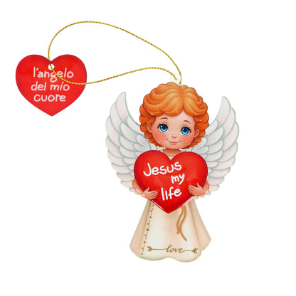 Magnete a forma di angelo con cordoncino e frasi assortite. Altezza 9,5 cm