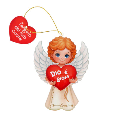 Magnete a forma di angelo con cordoncino e frasi assortite. Altezza 9,5 cm