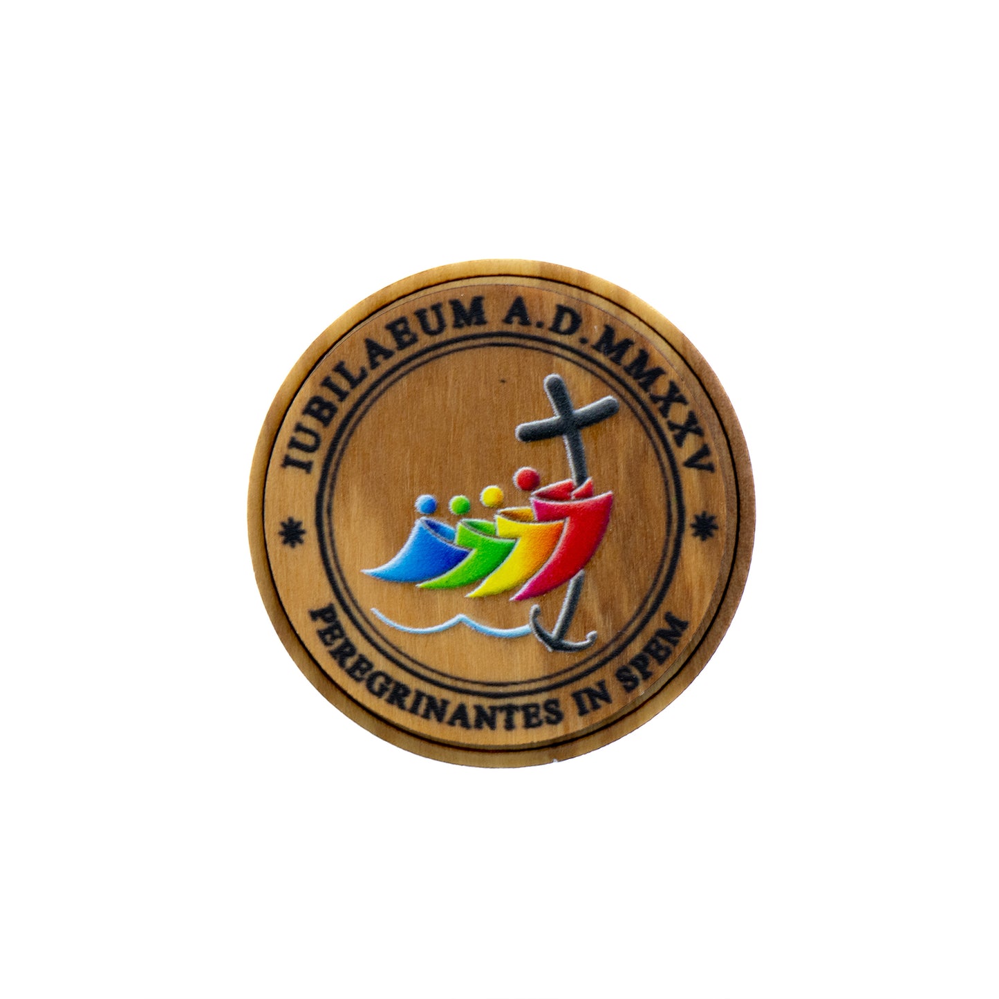 Magnete in legno d'ulivo e logo del Giubileo. Con confezione. Diametro 4 cm
