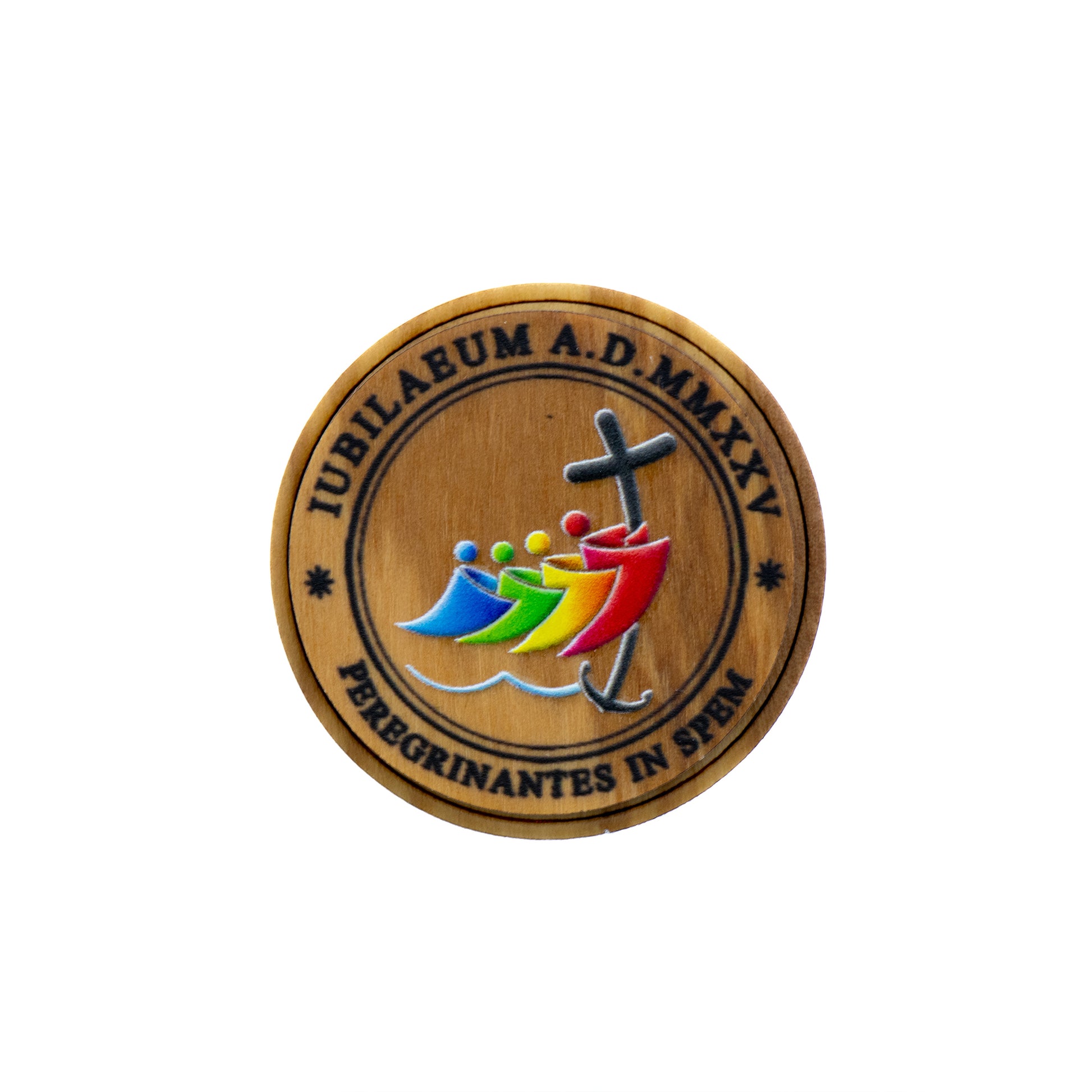 Magnete in legno d'ulivo e logo del Giubileo. Con confezione. Diametro 4 cm