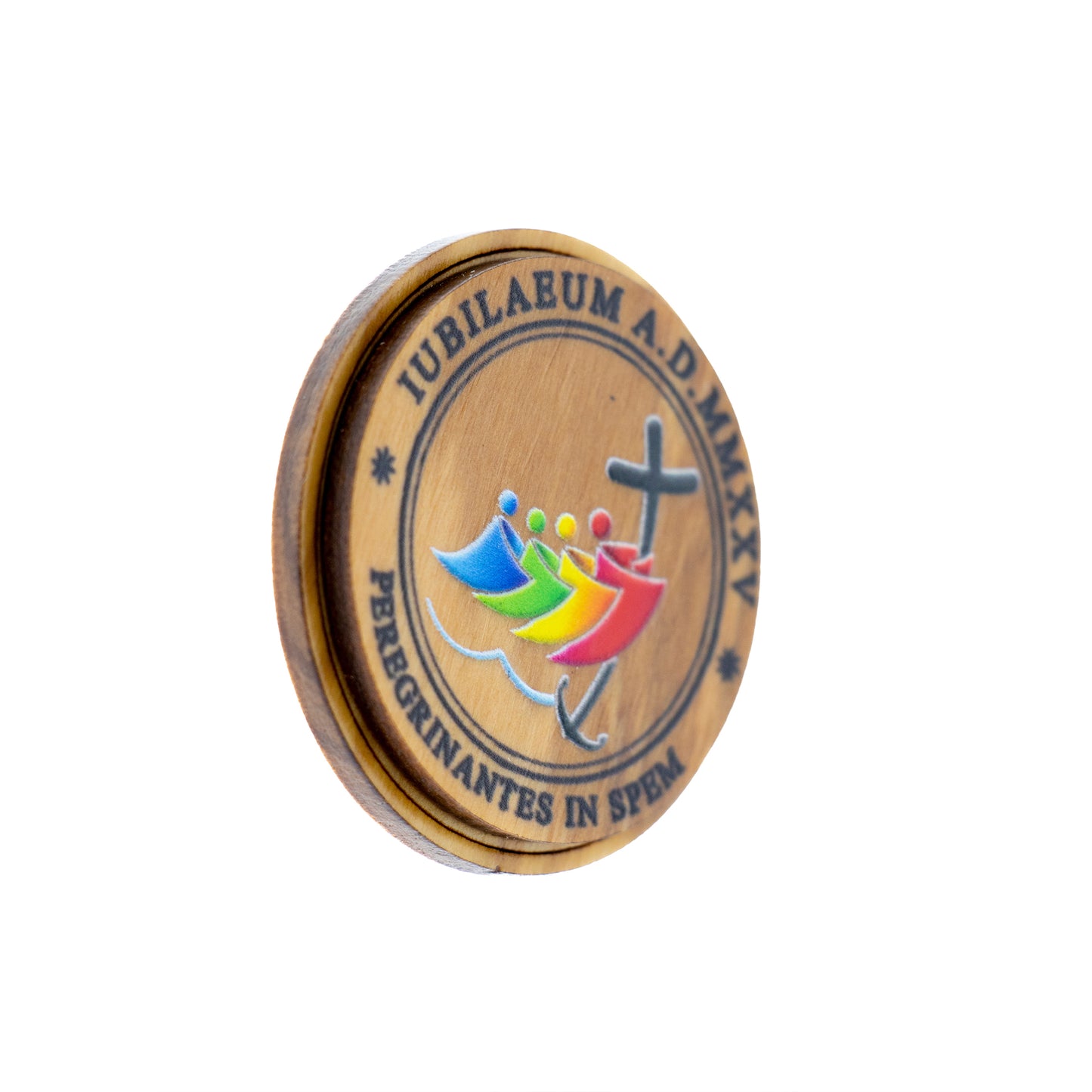 Magnete in legno d'ulivo e logo del Giubileo. Con confezione. Diametro 4 cm
