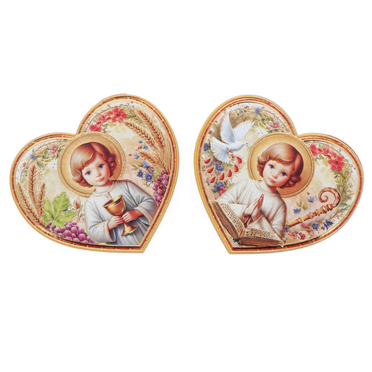 Magnete a forma di cuore con immagine oro a caldo. Per Comunione e Cresima. Altezza 6 cm