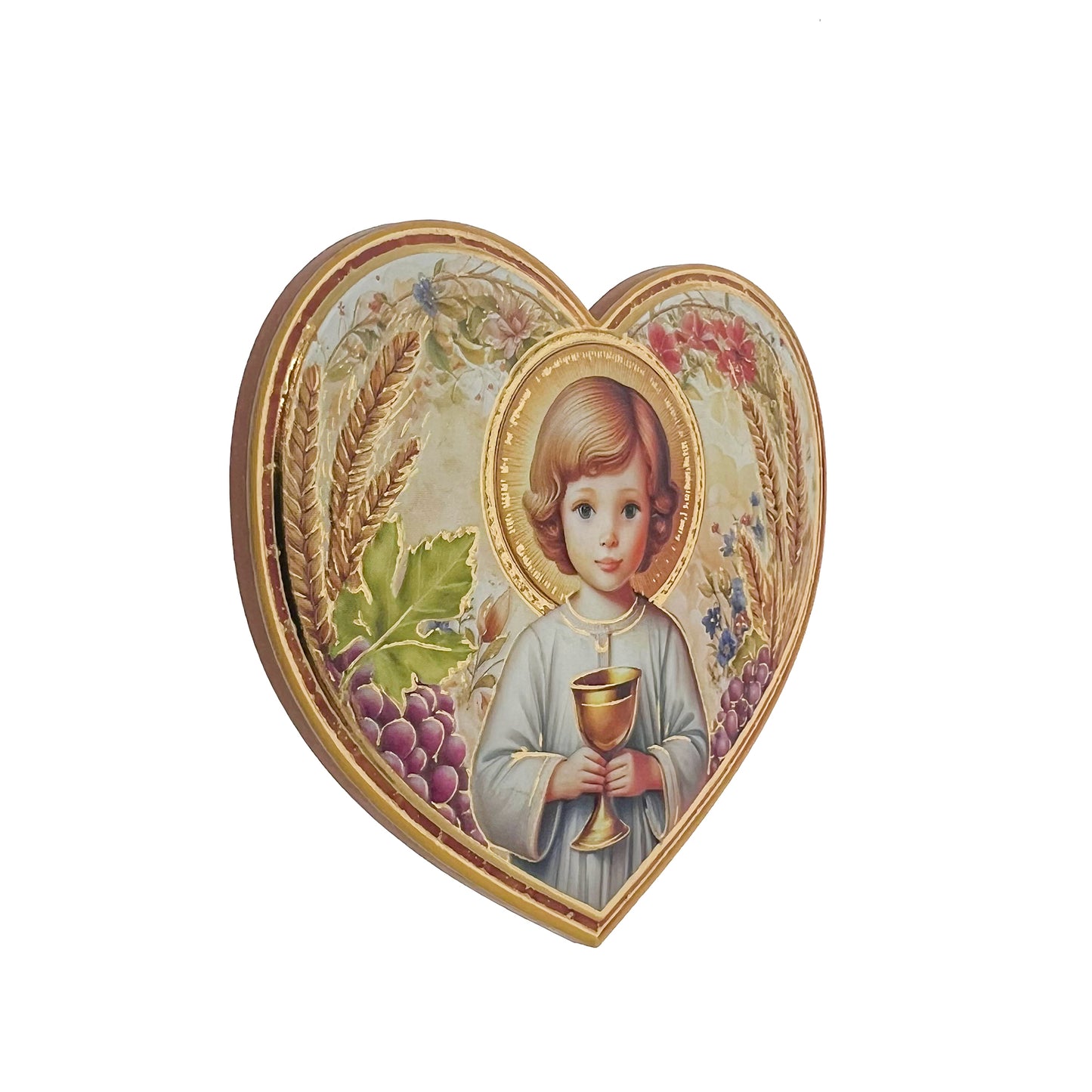 Magnete a forma di cuore con immagine oro a caldo. Per Comunione e Cresima. Altezza 6 cm