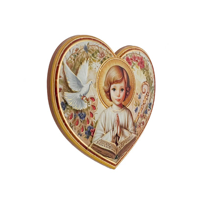 Magnete a forma di cuore con immagine oro a caldo. Per Comunione e Cresima. Altezza 6 cm