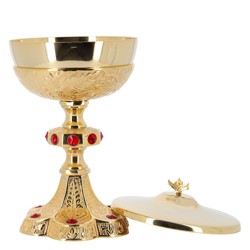 Pisside liturgica con coperchio in ottone dorato con pietre decorative – Altezza 25 cm