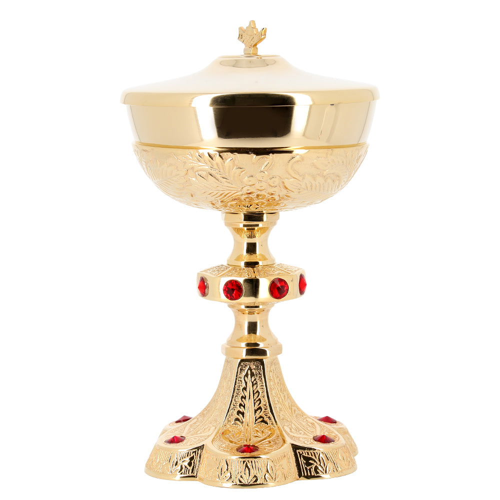Pisside liturgica con coperchio in ottone dorato con pietre decorative – Altezza 25 cm