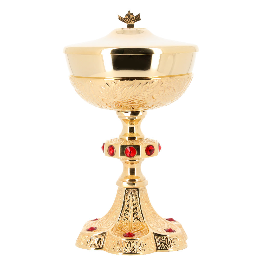 Pisside liturgica con coperchio in ottone dorato con pietre decorative – Altezza 25 cm