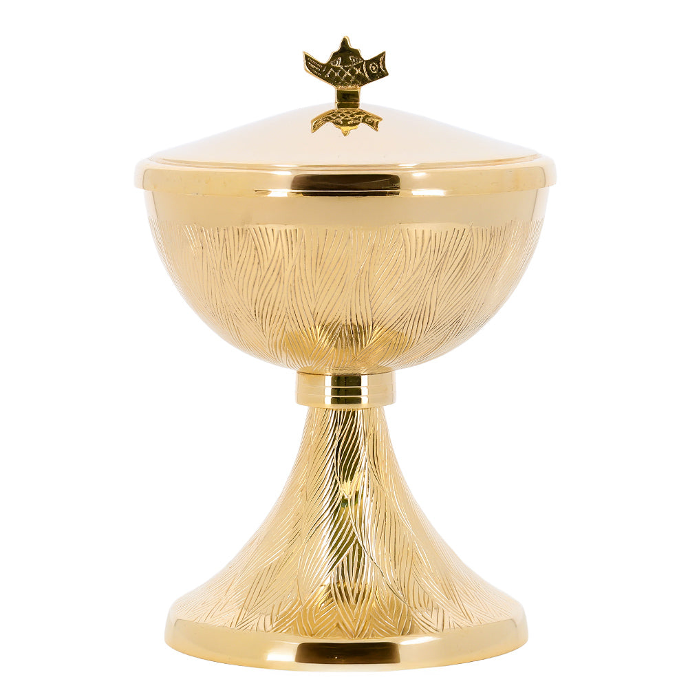Pisside liturgica in ottone dorato incisa – Pisside per la Messa con coperchio – Altezza 17 cm