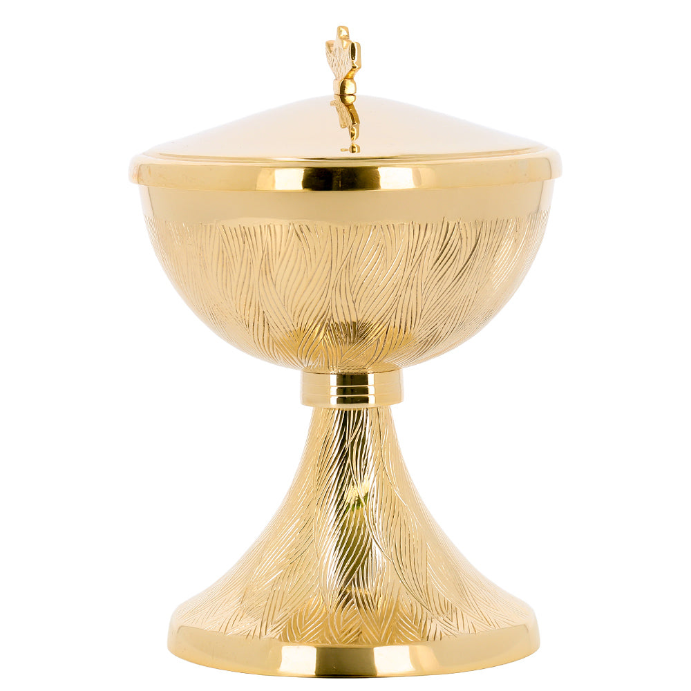 Pisside liturgica in ottone dorato incisa – Pisside per la Messa con coperchio – Altezza 17 cm