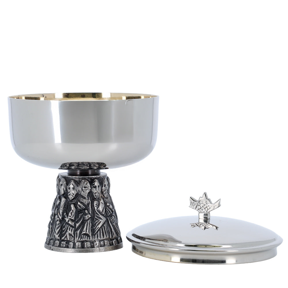 Pisside liturgica in ottone nichelato con base dei 12 Apostoli – Altezza 15 cm