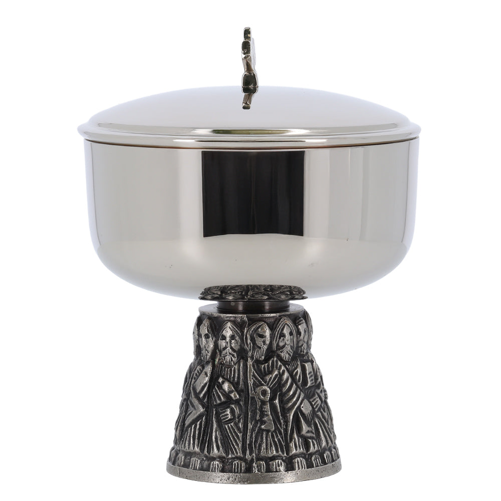 Pisside liturgica in ottone nichelato con base dei 12 Apostoli – Altezza 15 cm