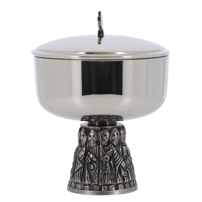Pisside liturgica in ottone nichelato con base dei 12 Apostoli – Altezza 15 cm