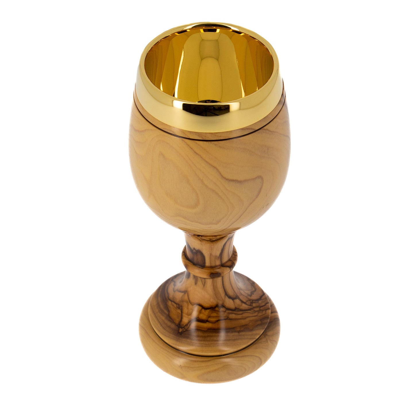 Calice in legno d'olivo con interno in ottone dorato. Dimensioni 20x8 cm