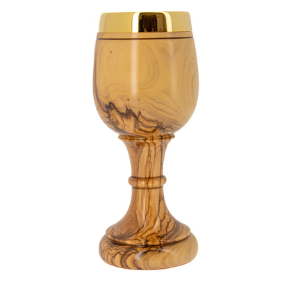 Calice in legno d'olivo con interno in ottone dorato. Dimensioni 20x8 cm