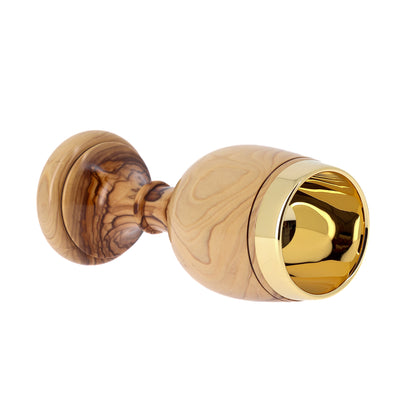 Calice in legno d'olivo con interno in ottone dorato. Dimensioni 20x8 cm