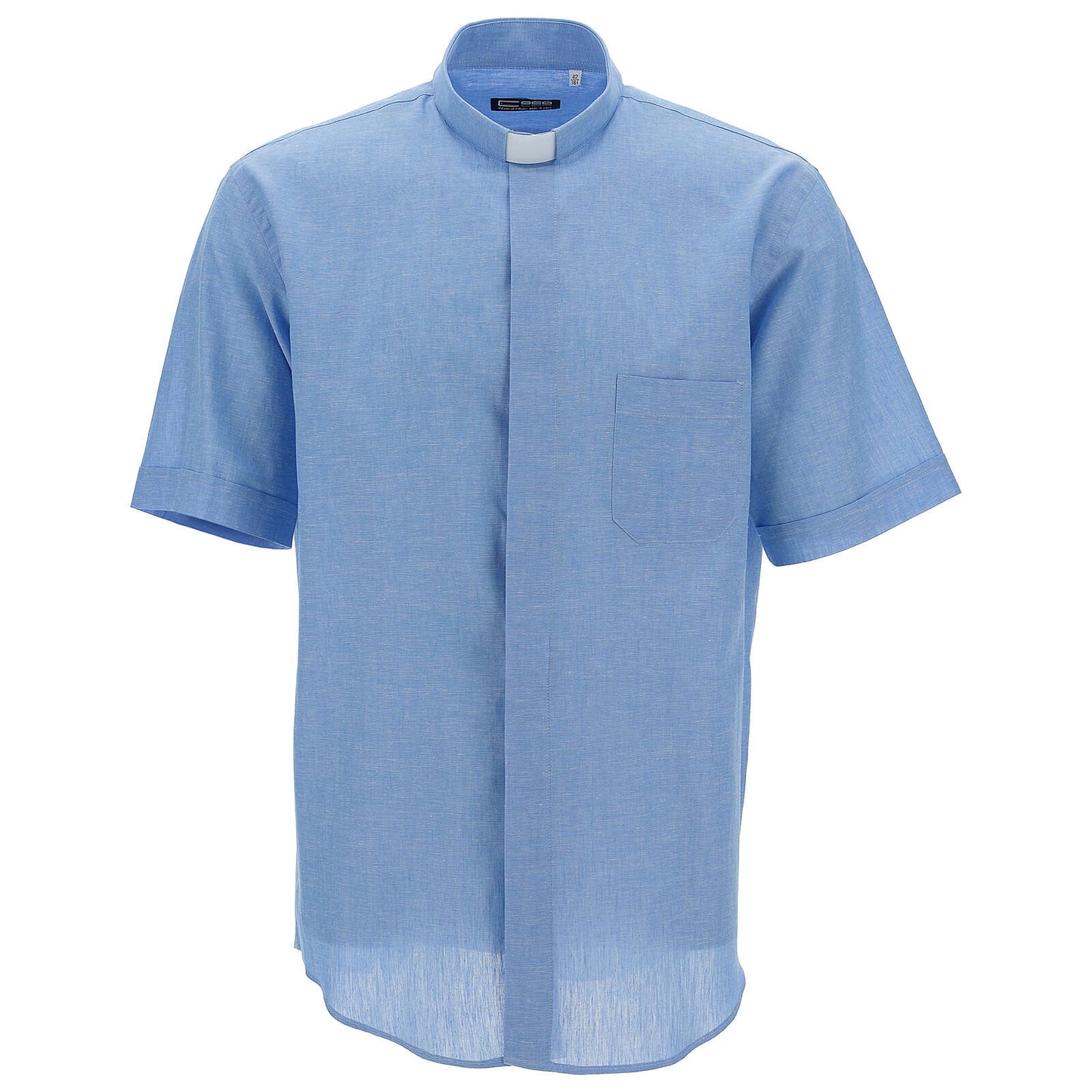 Camicia manica corta, tinta unita, misto lino, collo clergy, celeste. 60%LINO 40%COTONE