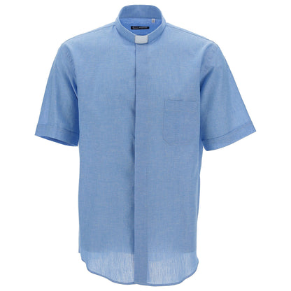 Camicia manica corta, tinta unita, misto lino, collo clergy, celeste. 60%LINO 40%COTONE