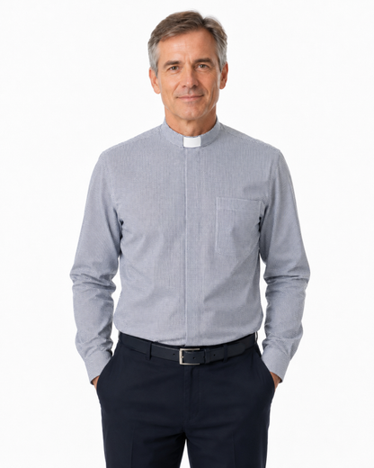 Camicia sacerdotale croce blu manica lunga misto cotone