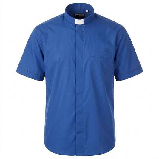 Camicia sacerdotale blu manica corta misto cotone