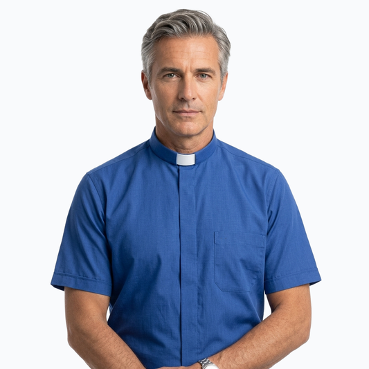 Camicia sacerdotale blu manica corta misto cotone
