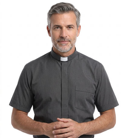Camicia grigio scuro, manica corta, misto cotone Filo a Filo, collo clergy