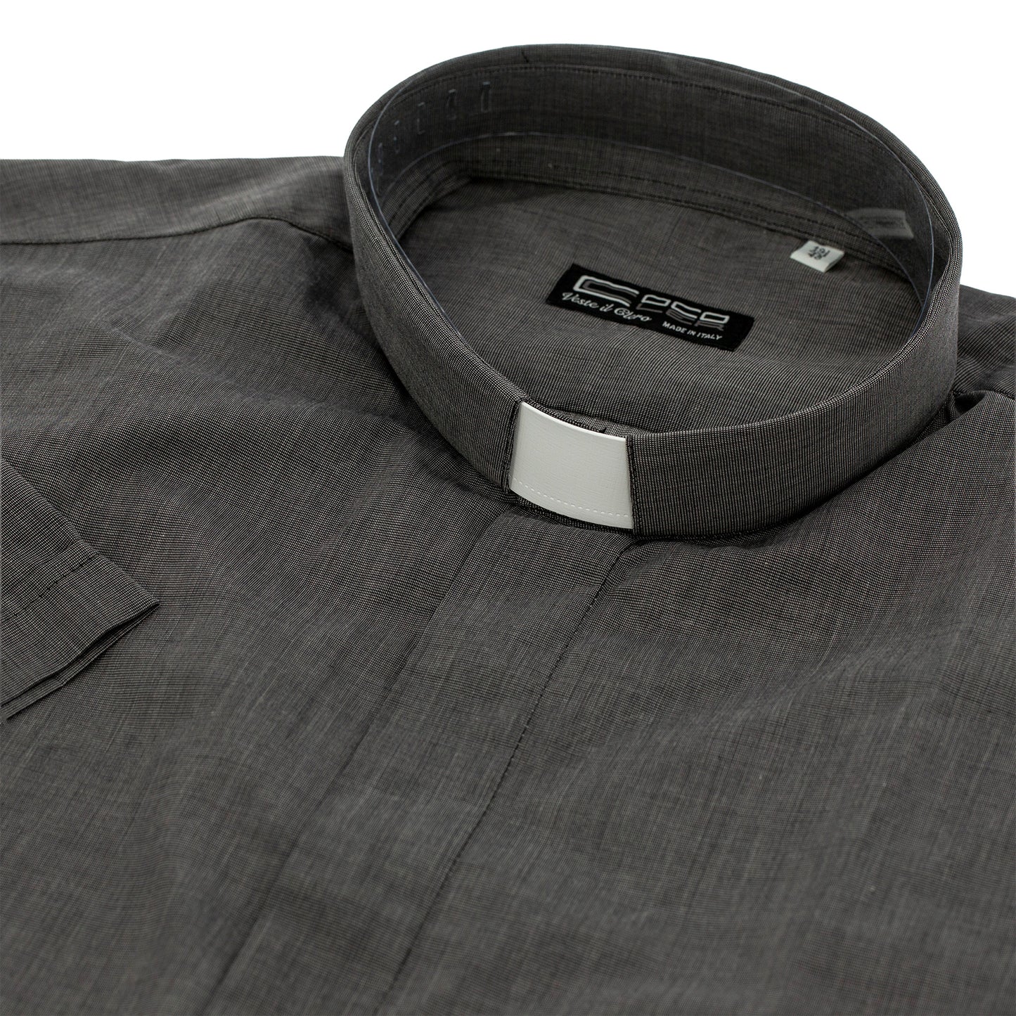 Camicia grigio scuro, manica corta, misto cotone Filo a Filo, collo clergy
