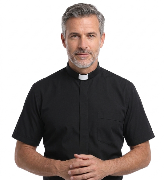 Camicia sacerdotale nera manica corta filo a filo clergy