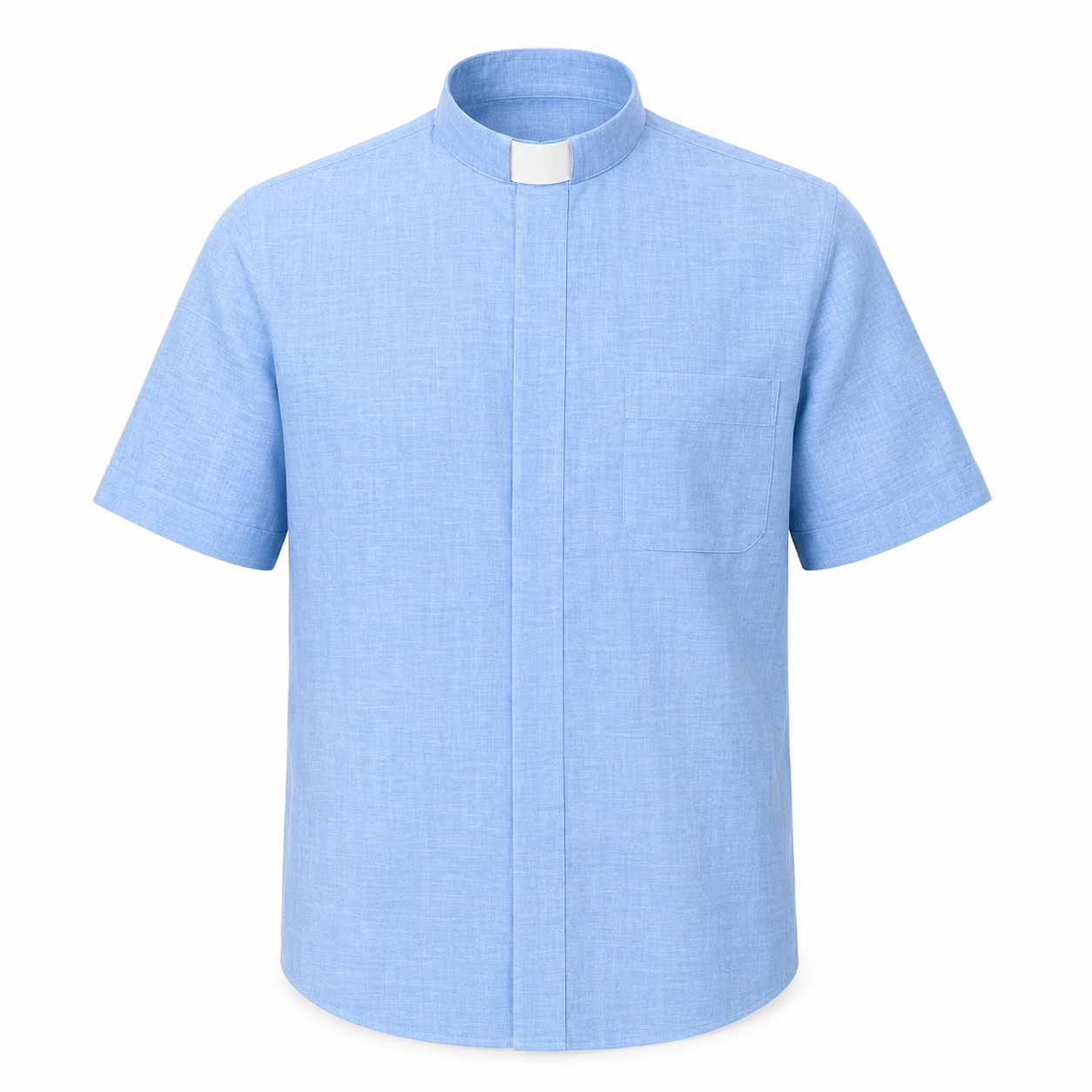 Camicia manica corta, tinta unita, misto lino, collo clergy, celeste. 60%LINO 40%COTONE
